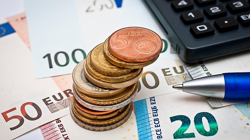 Euro-Geldscheine und gestapelte Münzen